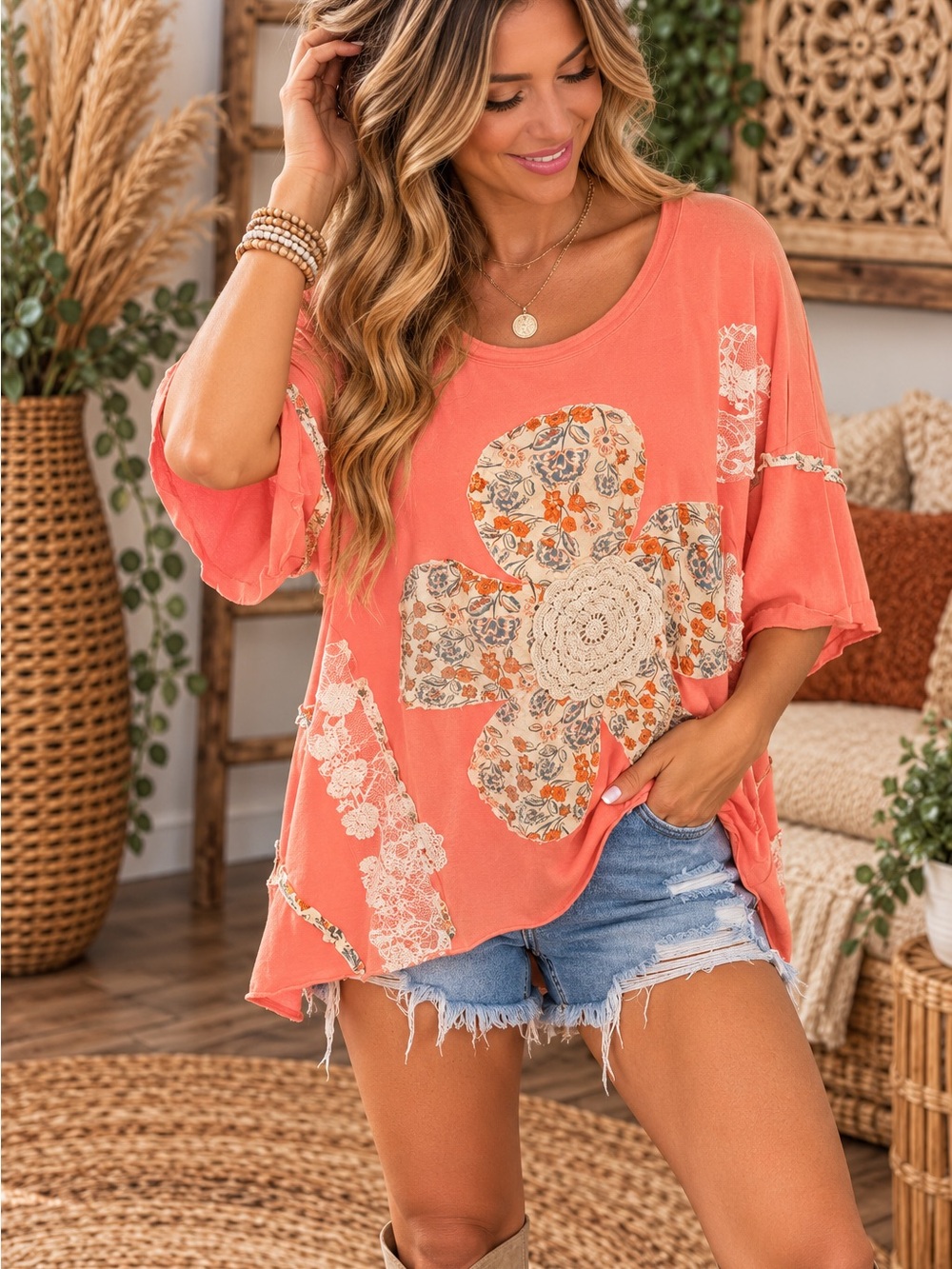 Coral Floral Crochet Patchwork Blouse - Women's